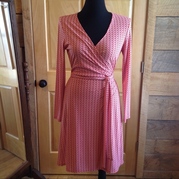 Red Print Long Sleeve Wrap Limited Dress Medium - Picture 3 of 8